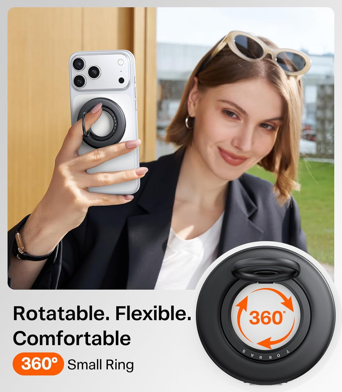 TORRAS 2025 Flagship 360 Magnetic Phone Grip Ring Holder Kickstand, Black | [2-Sided Magnetic] [360 Rotation] Fit for MagSafe Accessories for iPhone 17 16 15 14 13 12 11 Samsung, Google, Black