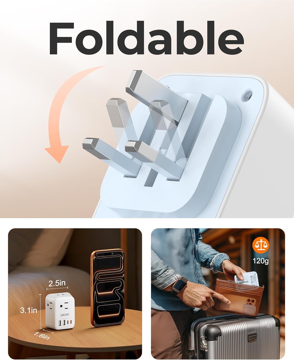 LENCENT Foldable US to UK Ireland Plug Adapter, Type G Travel Adapter | with 4 USB Charger(2 USB C), Power Adaptor for USA to Scotland Dubai Hong Kong England British Kenya London