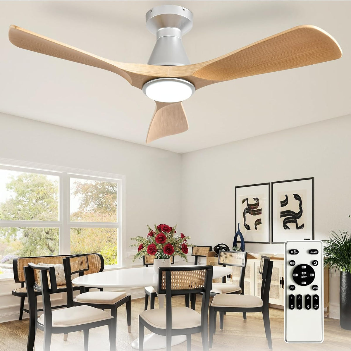 Depuley 42-Inch Ceiling Fans with Lights: Wood 3 Blade Flush Mount Low Profile Ceiling Fan for Bedroom - Dimmable Indoor Outdoor Fan with Remote Control Ultra Quiet DC Motor Timer