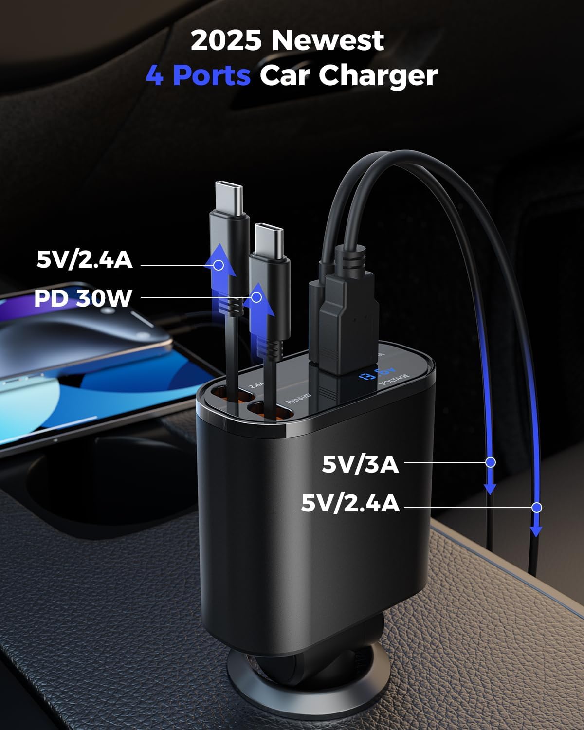 Retractable USB C Car Charger, 69W 4-in-1 Fast Charging Adapter | Dual retractable USB-C cables plus USB-C and USB-A ports deliver 69W fast charging for phones, tablets and more