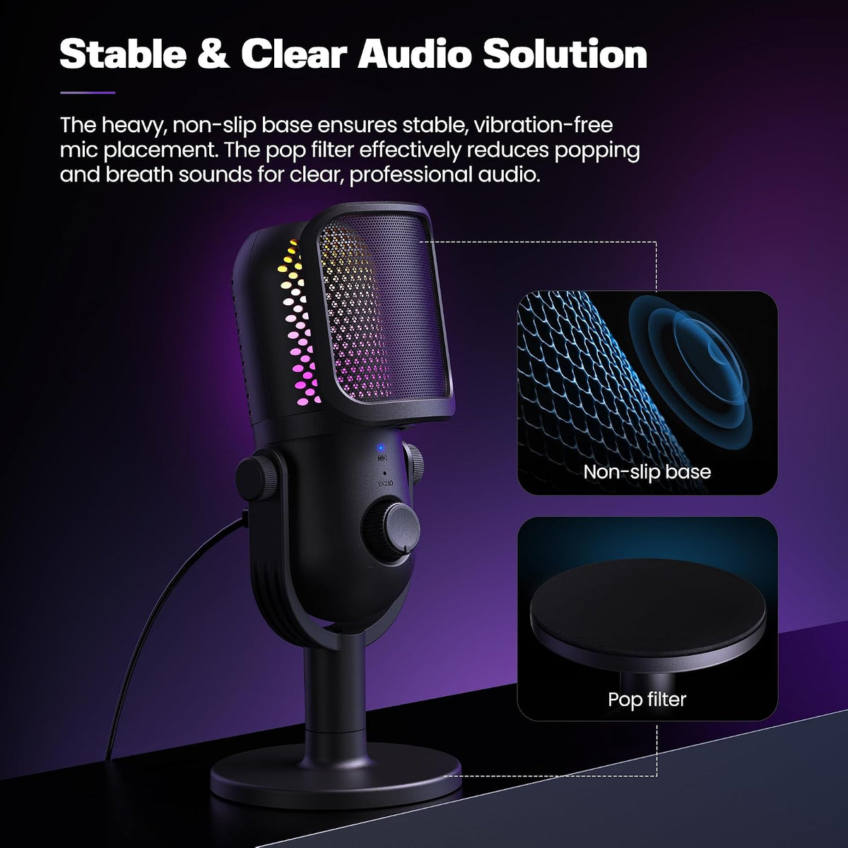 USB Microphone for PC Gaming: Condenser Microphone RGB for Gamer with Stand Mic - Recording Mic for Computer&amp;Laptop with Qiuck Mute - Desk Podcast Mic for Podcast &amp; Singing &amp; Streaming &amp; Youtube Black