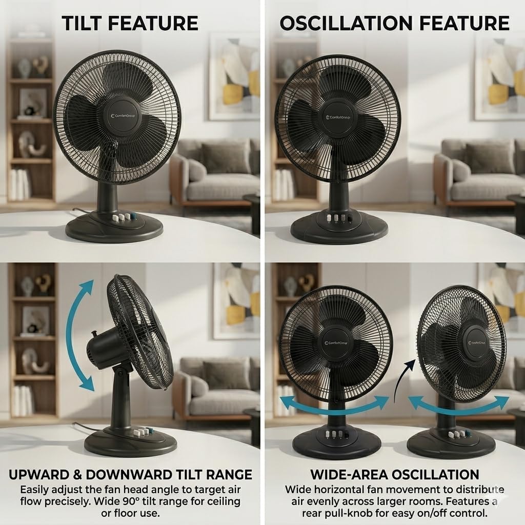 Comfort Zone Oscillating Table Fan with Adjustable Tilt, Convenient Push Button Controls, Quiet, 12 inch, 3 Speed, Desk Fan, Airflow 7.25 ft/sec, Ideal for Home, Bedroom, Dorm & Office, CZ121BK