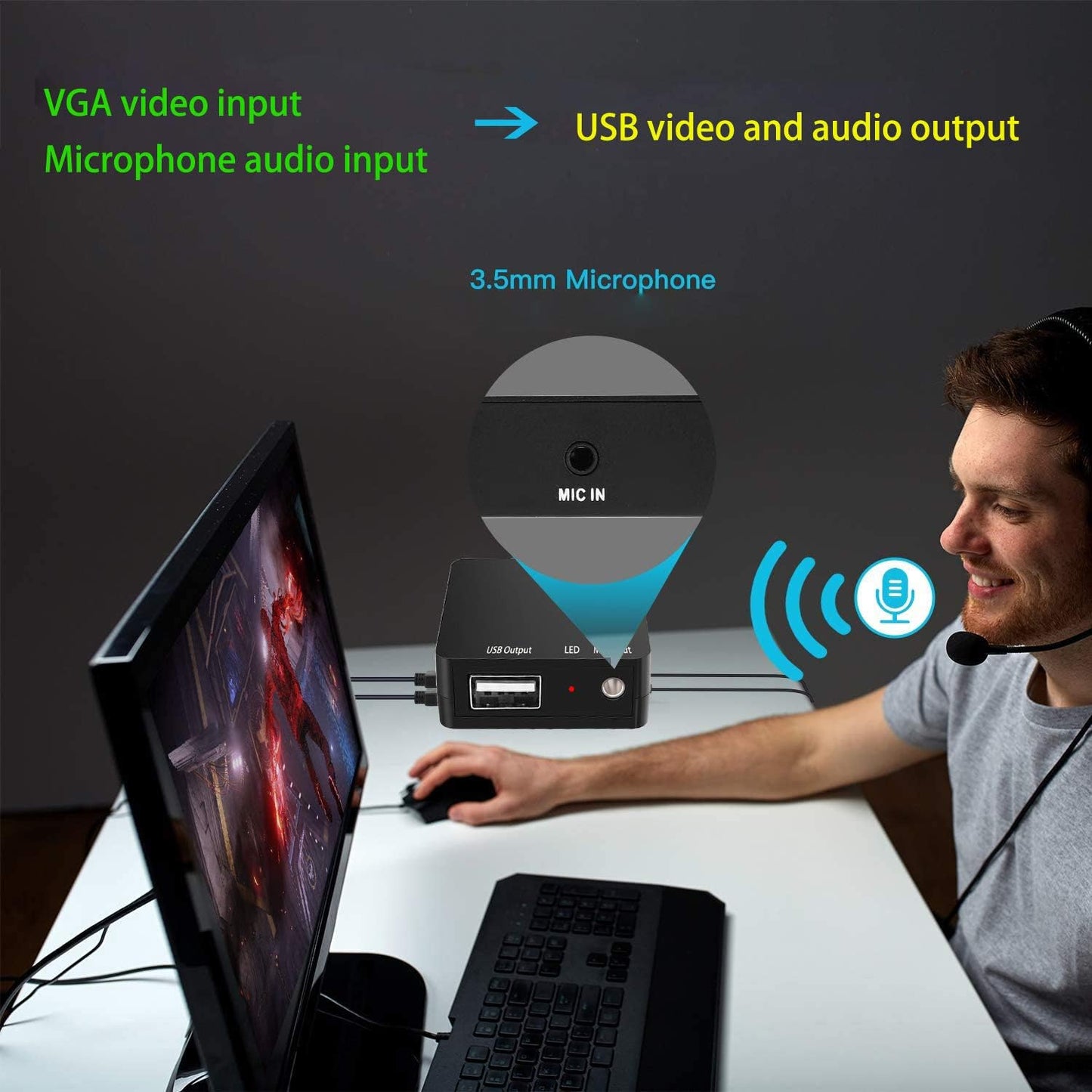 VGA Capture Card, VGA to USB Capture Device with Mic Input Support HD Video for Gaming, Streaming, Teaching, Video Conference, Live Broadcasting