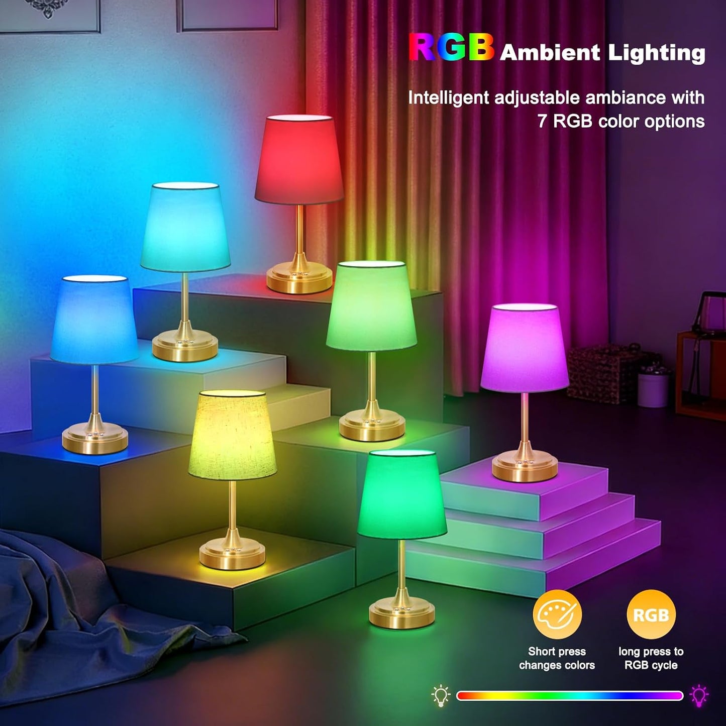 Wowag Small Cordless Table Lamp Rechargeable,5000mAh Battery Operated Desk Lamp,3 Colors & 7 RGB Stepless Dimmable,Touch Ambient Light for Bedside,Bedroom,Dining Room,Living Room,Gold,WhiteShade