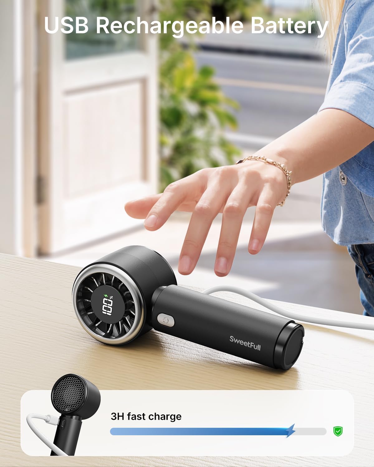 SWEETFULL Portable Handheld Fan, Mini Rechargeable Personal Hand Fan | Strong Airflow, Pocket-Sized, Up to 12H, 5 Speeds, Quiet Cooling Travel Essentials, Cute Gifts for Women, Girls, Lash, Makeup