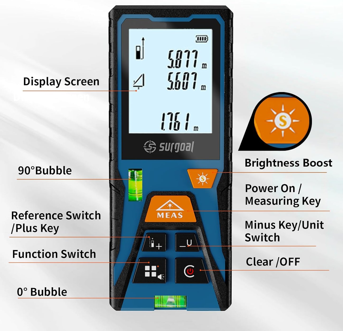 Laser Distance Measure Backlit LCD with Bubble Levels Enhanced-Bright 328FT | Area / Volume / Pythagorean, Ft/In/Ft+In/M Unit Switching, Includes AAA Batteries, Home DIY Woodworking Indoor Projects Gift