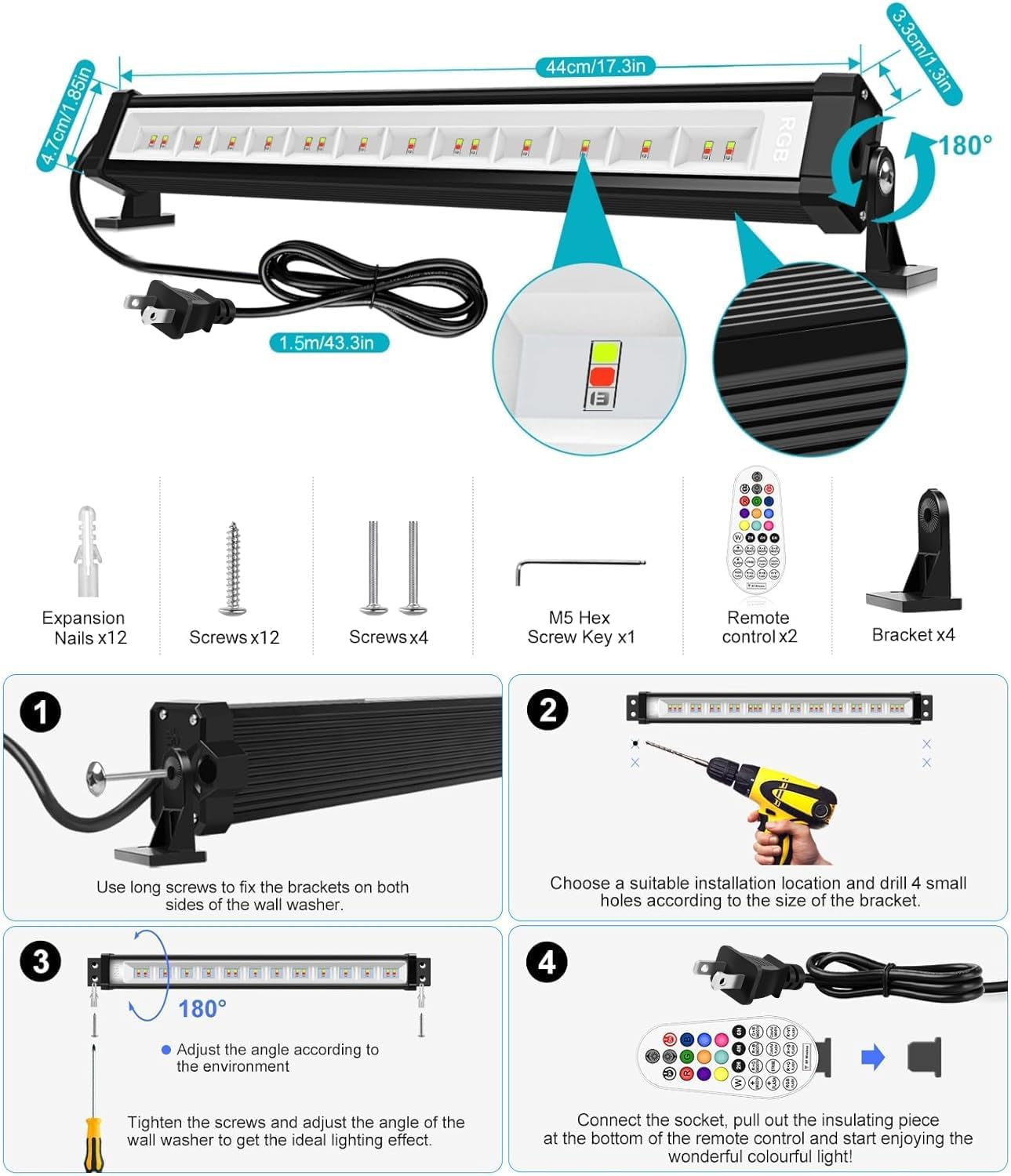 MEIKEE 25W RGBW LED Wall Washer Light, RGB Color Changing LED Strip Lights with Plug, IP66 Waterproof Outdoor RGBW Wall Strip Light Bar Outdoor Lighting for Christmas Halloween Stage 1 Pack