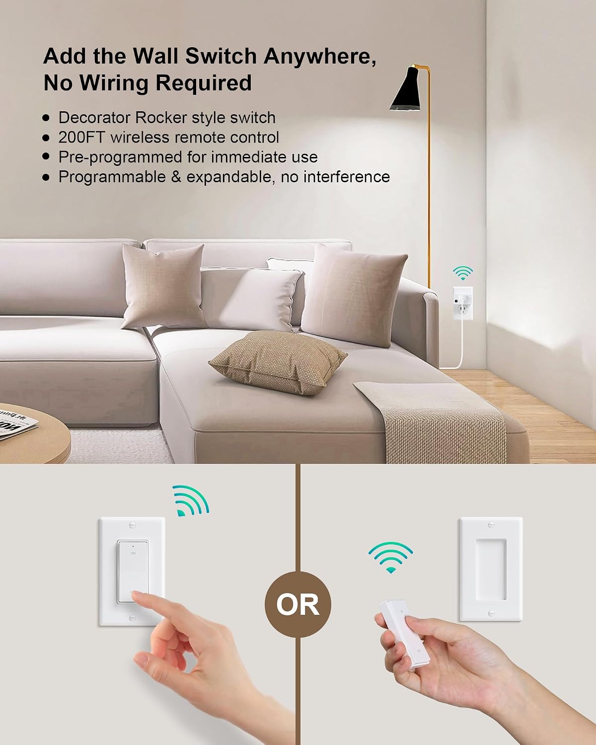 Remote Control Outlet, Decorator Rocker Wall Switch, 200FT Long Range Wireless Light Switch, Mini Remote Outlet Plug, 15A/1875W High-Power for Lamps, Lights, Household Appliances, ETL Listed