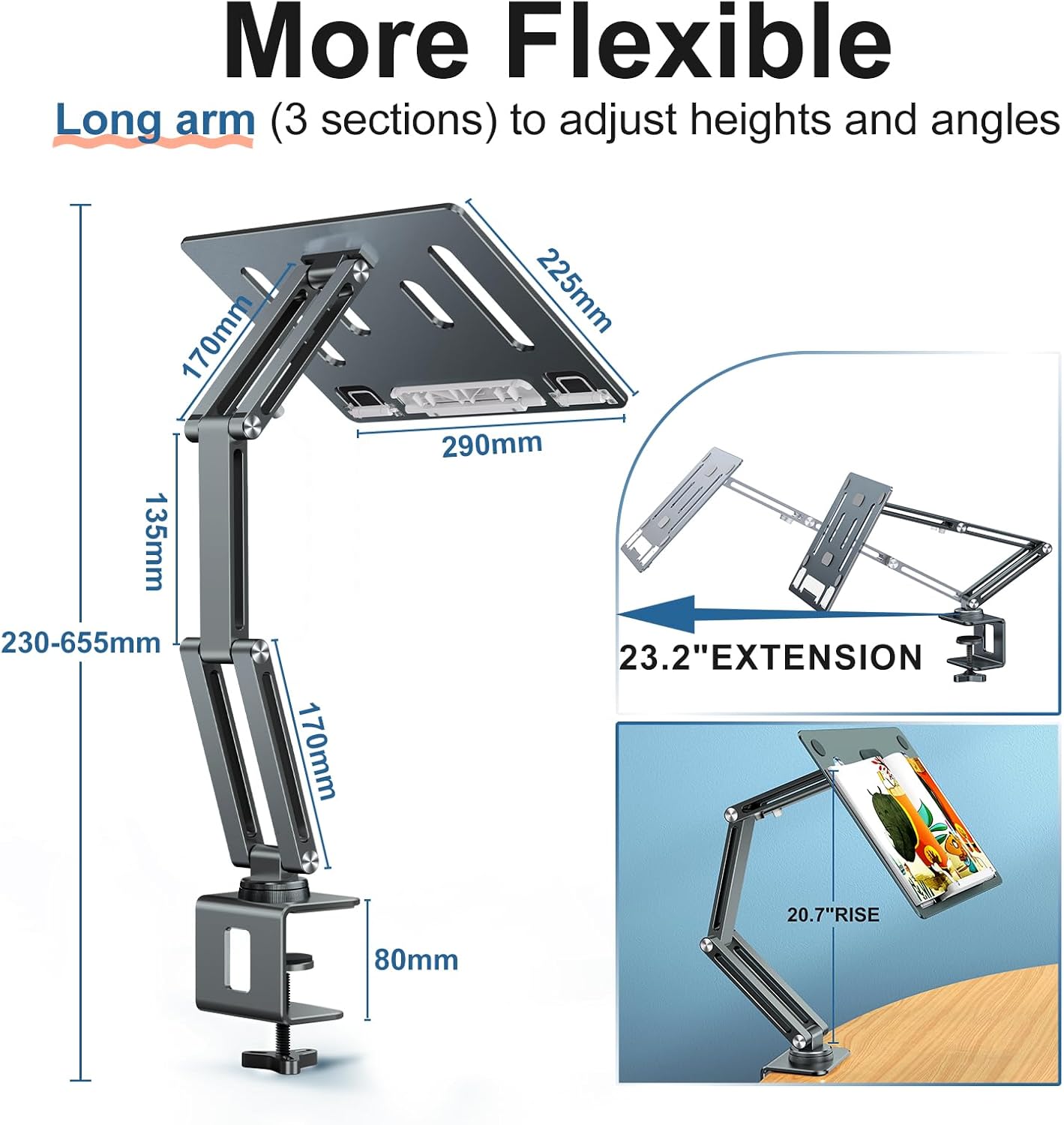 Laptop Stand Desk Mount, Aluminum Adjustable Laptop Arm with Tray | 360° Rotatable Ergonomic Computer Holder for 11-15 Inch Laptops & Tablets, Relieve Neck Strain for Sitting & Standing Work
