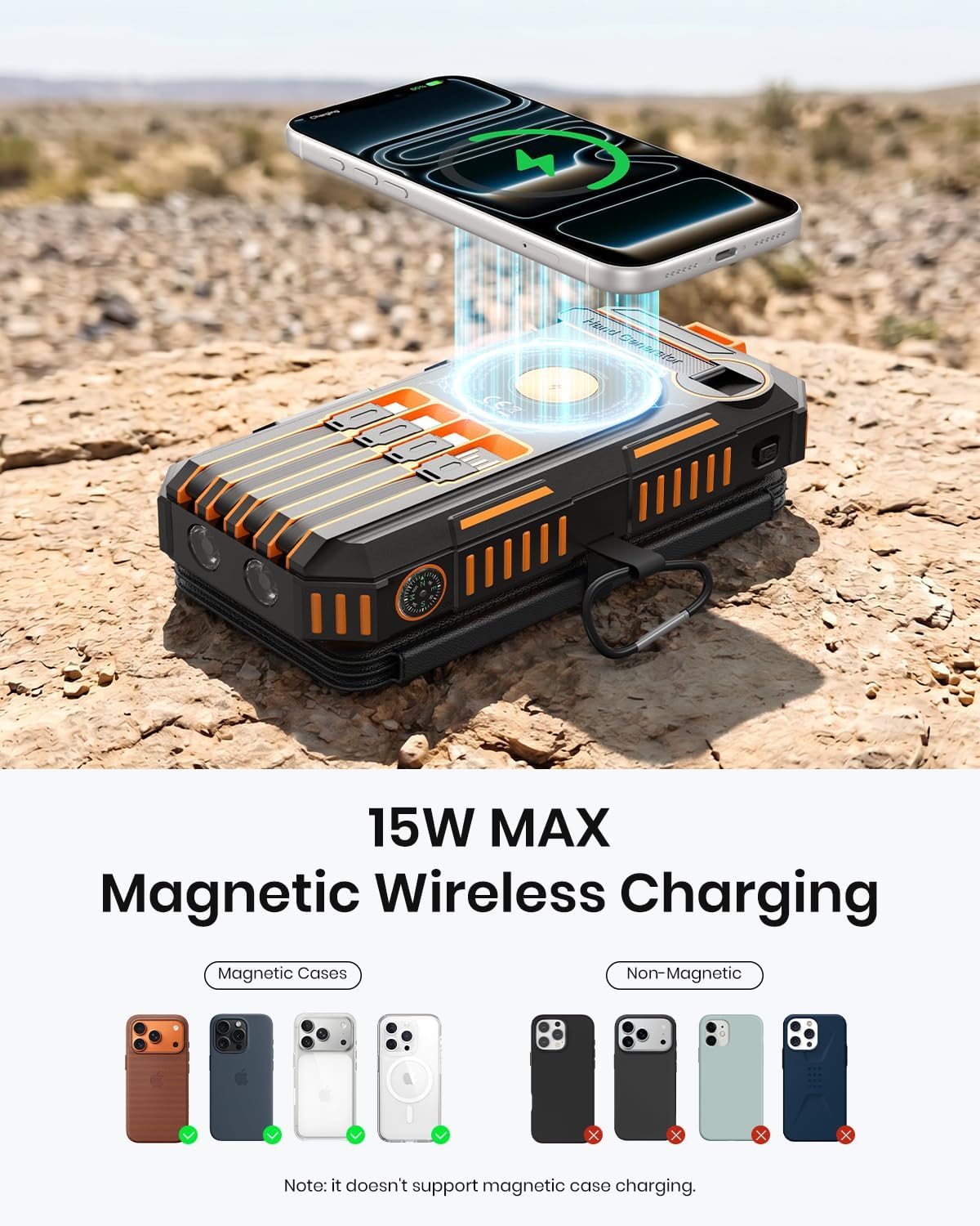 FEELLE Solar Power Bank 50000mAh Magnetic Portable Charger with Hand Crank | Built in 4 Cables & 4 Solar Panels, PD QC 3.0 Fast Charging Battery Pack, Flashlight for Outdoor, Charge 6 Devices at Once