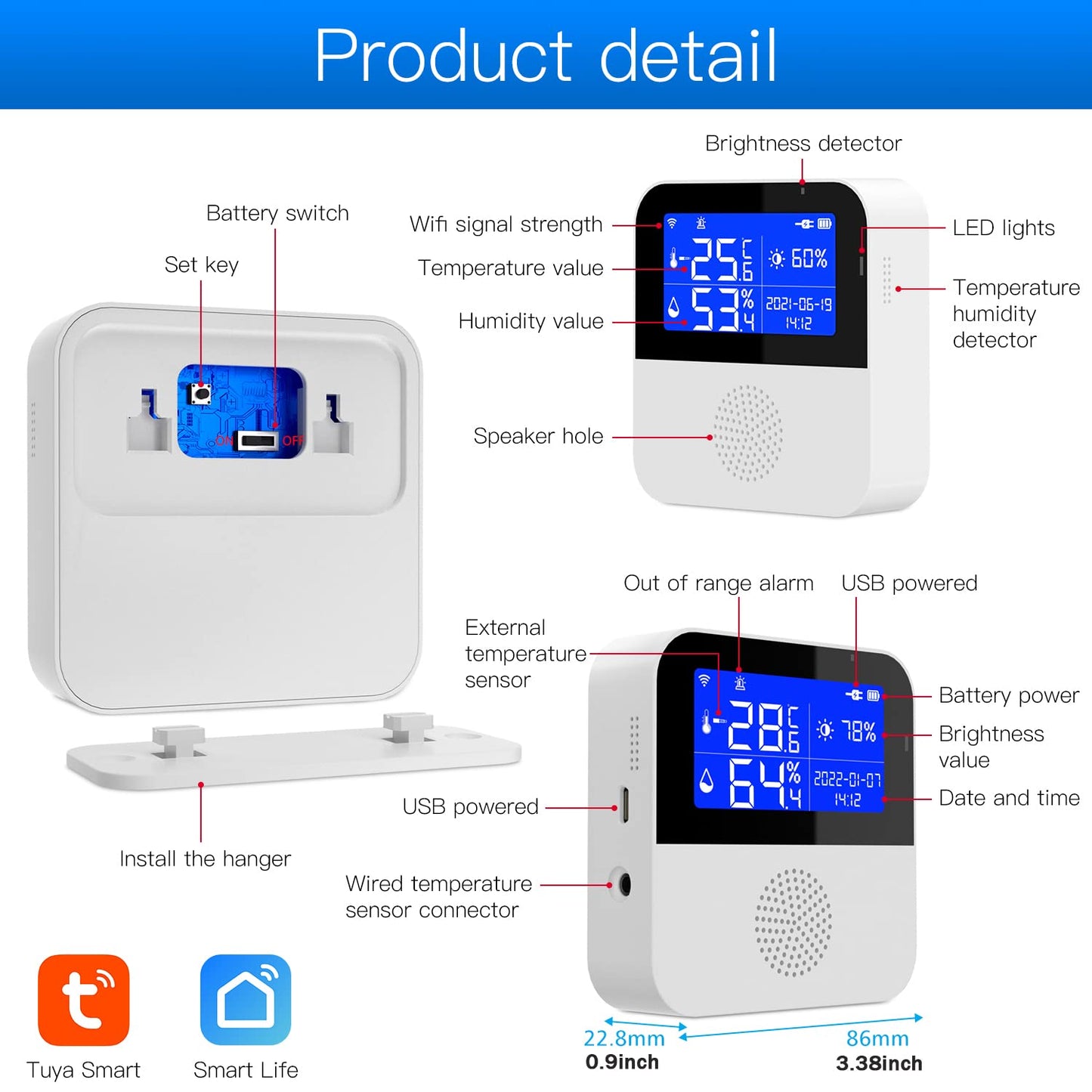 WiFi Thermometer Hygrometer with Waterproof Probe: Smart Temperature Humidity Sensor with LCD Backlit Screen & Calibration Function, App & Buzzer Alert, Indoor Temperature Monitor for Home Pet