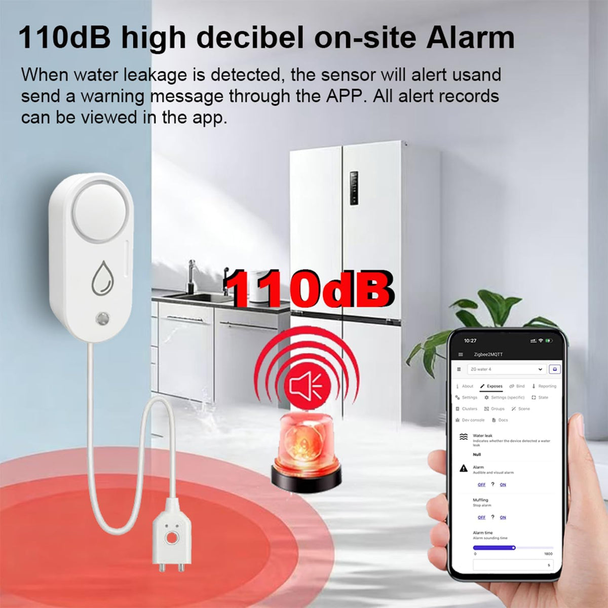 Haozee Zigbee Water Detector with 110 dB Siren Alarm, Wireless Water Sensor | Flood Warning Alarm for Kitchen and Bathroom – Supports Home Assistant & Zigbee2mqtt