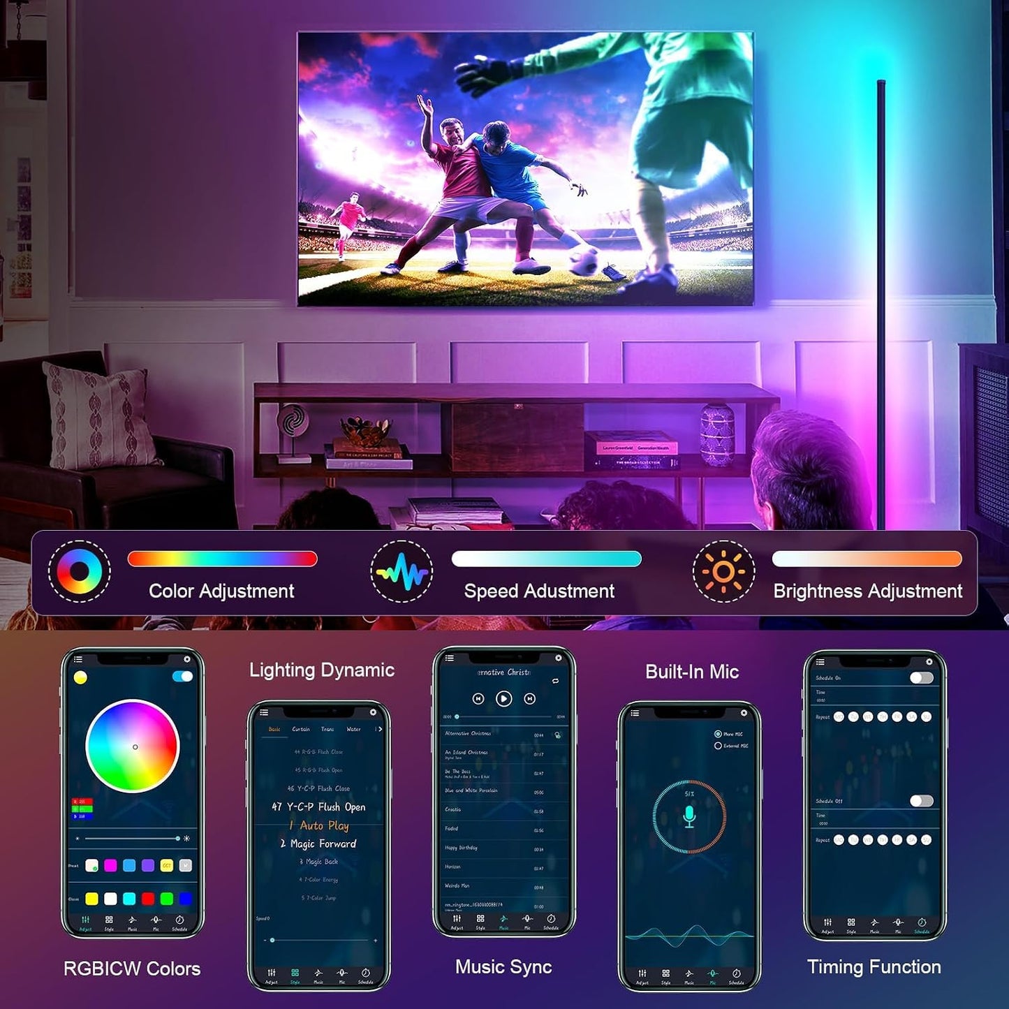 Tyute Corner Floor Lamp 2 Pack, LED Lamps with Remote, RGB Standing Lamp, LED Light Stick, Music Sync Dimmable Color Changing Ambient Light Bar for Bedroom, Living Room, Gaming Room, Party, Dorm
