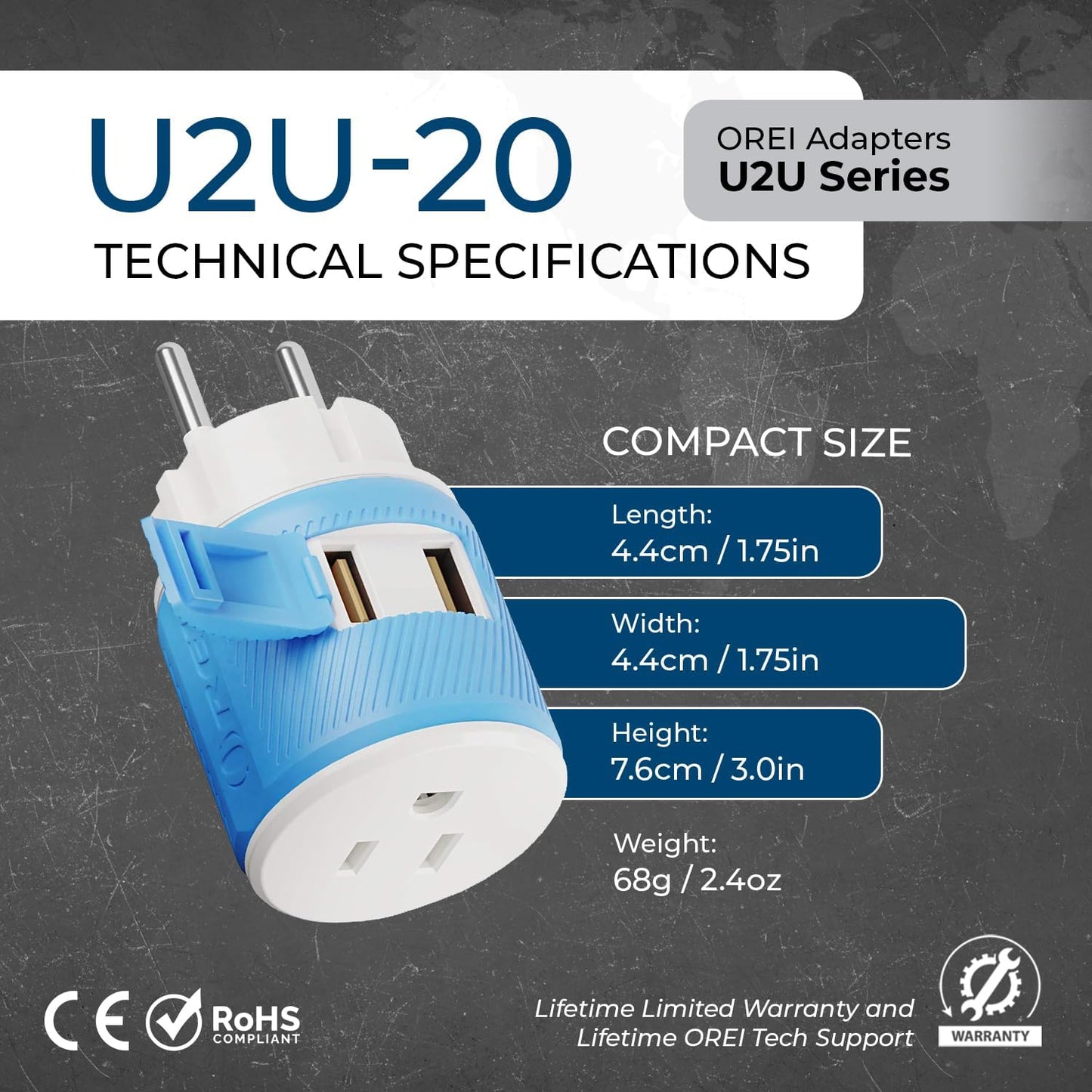 OREI Denmark Travel Plug Adapter with Dual USB - USA Input - Type K (U2U-20), Will Work with Cell Phones, Camera, Laptop, Tablets, iPad, iPhone and More