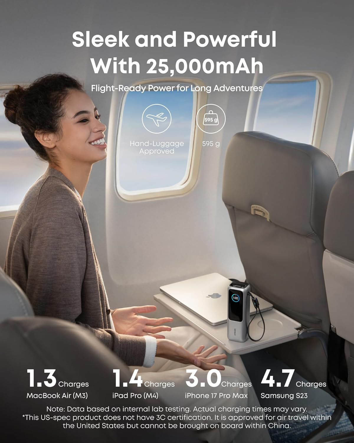 Anker Laptop Power Bank, 25,000mAh Travel Essential with 165W Total Output | 3 USB-C Ports with 100W Max Each, Built-In Retractable Cables, Flight-Ready, for iPhone 17 Series, MacBook, and More