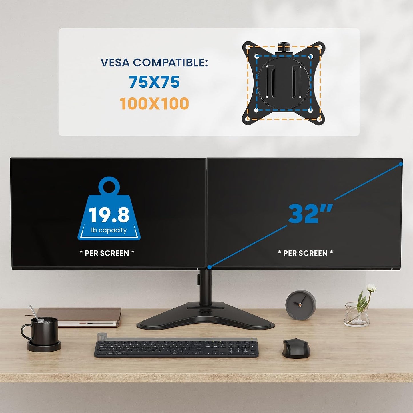 Mount-It! Dual Monitor Desk Stand Mount for 2 Screens VESA 75x75 & 100x100 | For Monitors up to 32”, Height Adjustable with Tilt, Swivel & Rotation