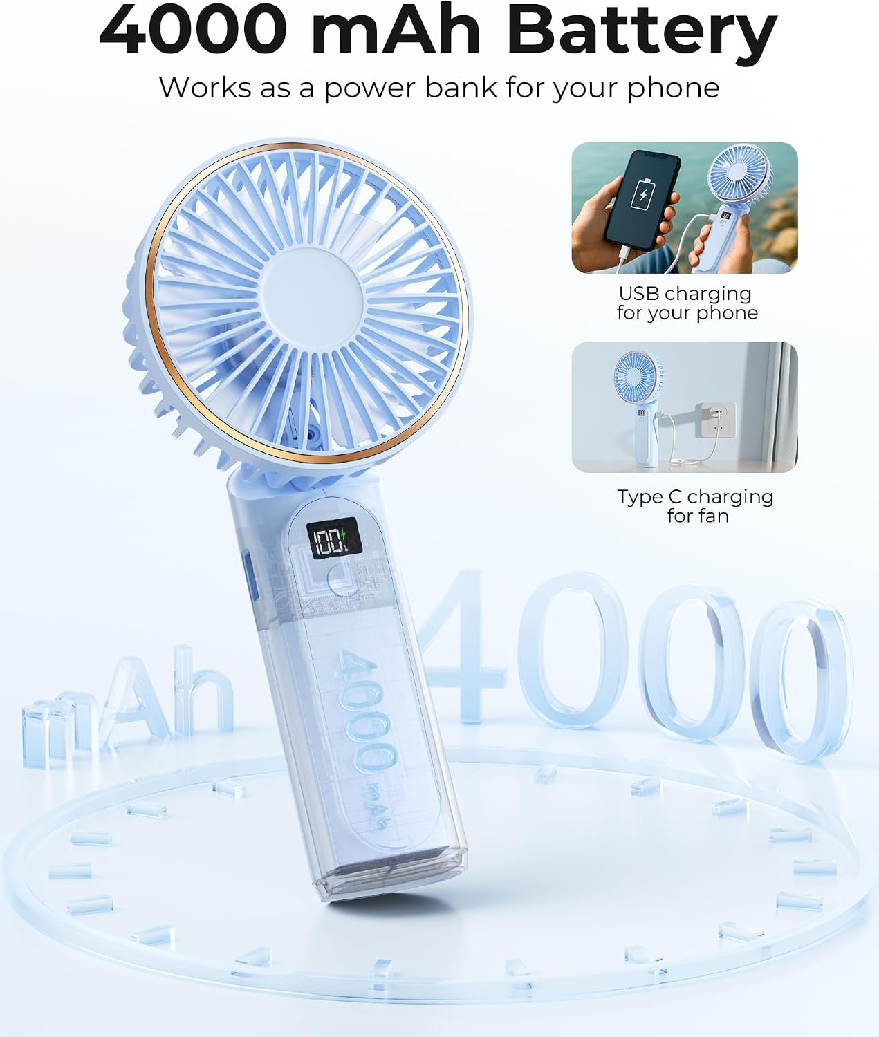 TUNISE Portable Handheld Fan, Portable Fan Rechargeable, 4000mAh, 180° Adjustable, 6 Speed Wind, Display Electricity in Real Time, USB Rechargeable Foldable Fan, Quiet Personal Fan as Power Bank