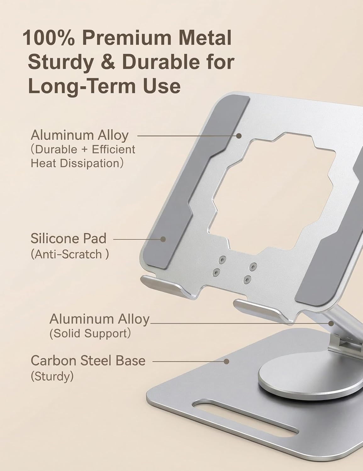 Laptop Stand, Height Adjustable 360° Swivel Anti-Wobble Base | Ergonomic, dual-axis, aluminum arm, carbon steel base, hollow cooling panel, fits 10-17" laptops, foldable, home office