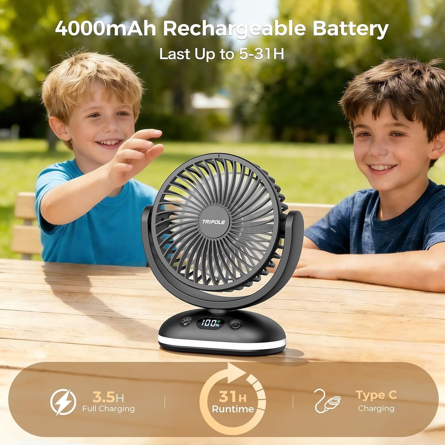 TriPole Portable Desk Fan Small Quiet, Rechargeable Mini Fan with LED Light | 31H Runtime, Digital Display, Safety Lock, 4 Speeds, Battery Operated Fan for Bedroom Sleeping Office Travel Camping Cruise