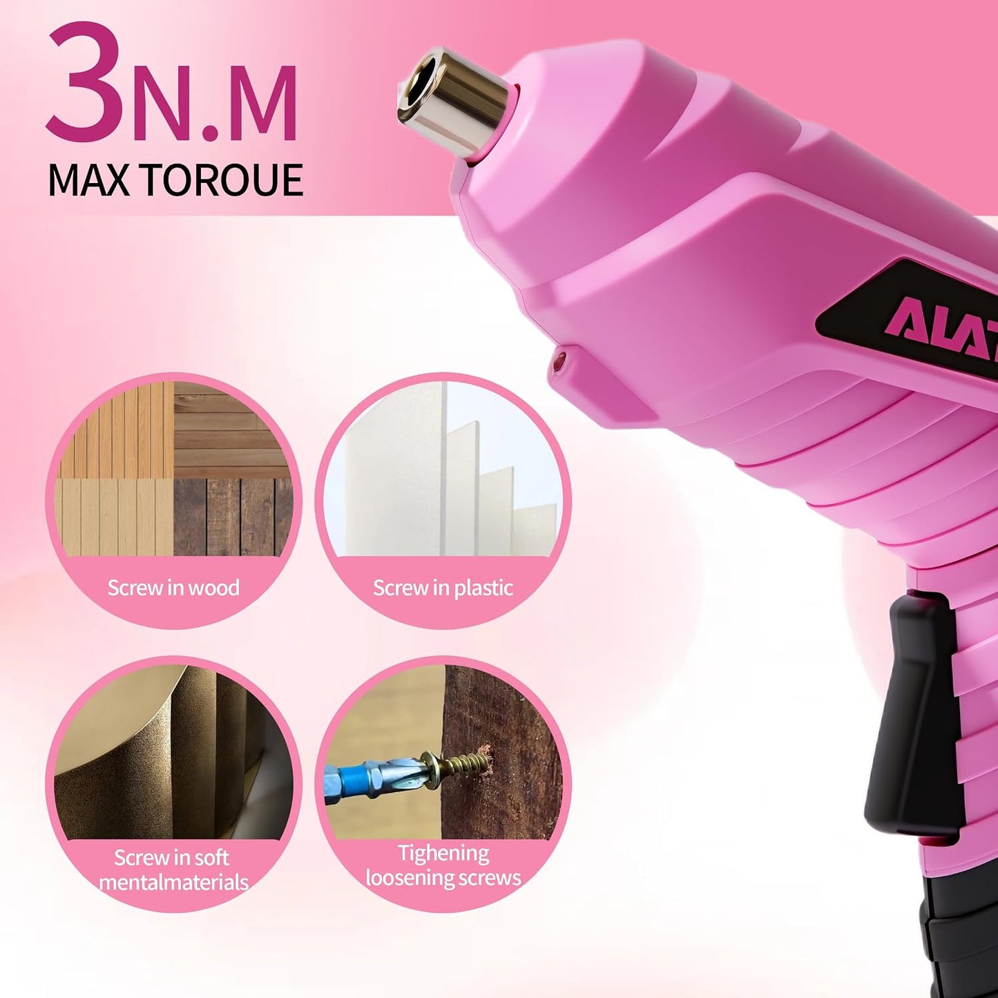 Pink Cordless Screwdriver Tool Set, 40-Piece Household Hand Tool Kit | With 3.7V Rechargeable Electric Screwdriver, Hammer, Pliers, Nails for Home Maintenance DIY Beginners
