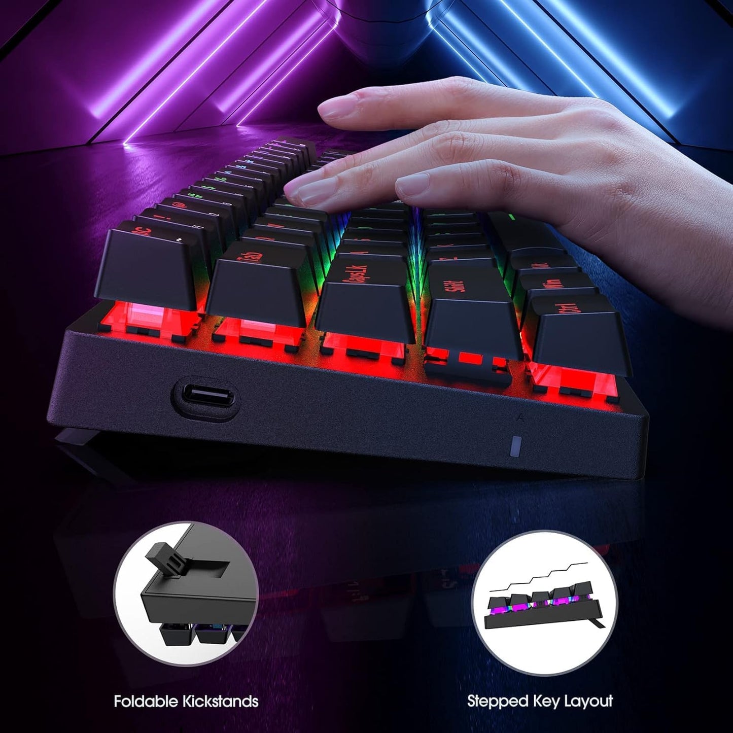 60% Wired Mechanical Gaming Keyboard with Blue Switches, LED Backlit | 61 Keys Ultra-Compact Mini Portable Office Keyboard for PC/Mac/Xbox, 18 LED Backlight, Easy to Carry On Trip, Black