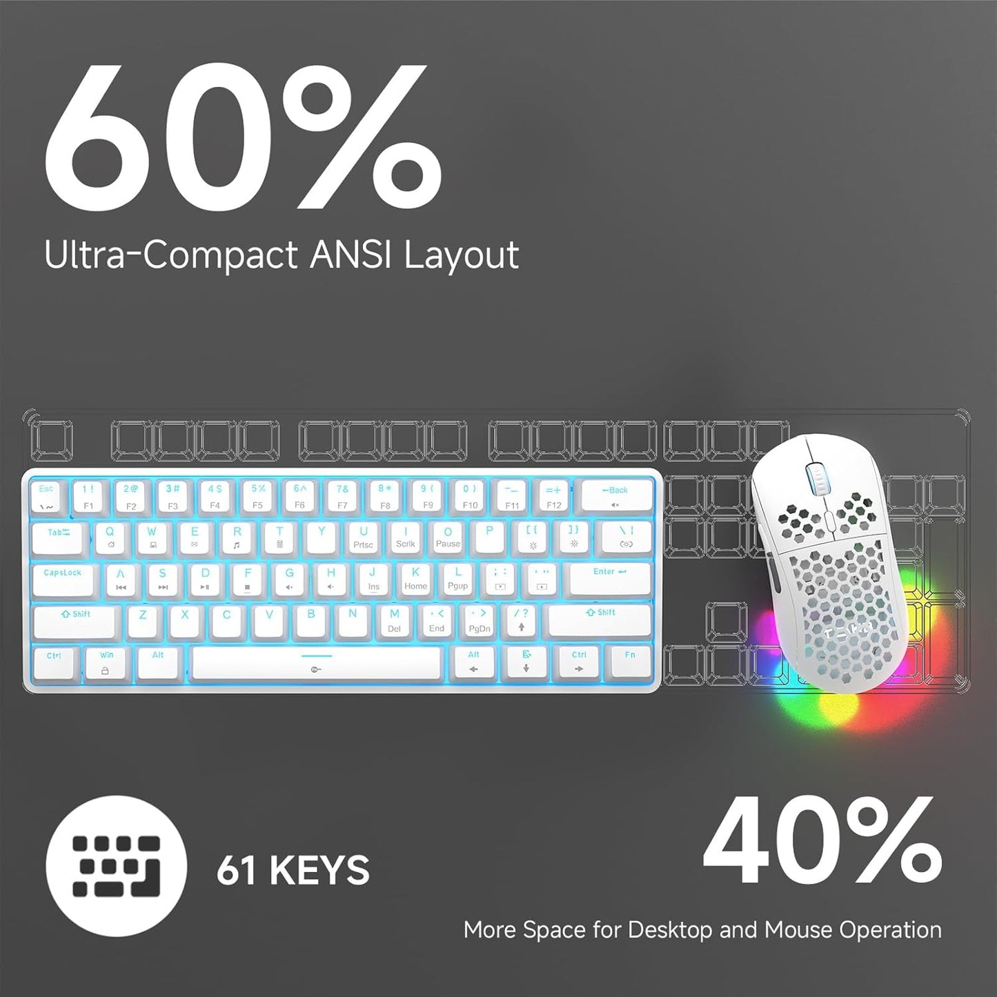 TMKB 60% Mechanical Gaming Keyboard, Red Linear Switch, Wired, White | LED Backlight, Anti-Ghosting, Detachable USB-C, Double-Shot Keycaps, 61 Keys