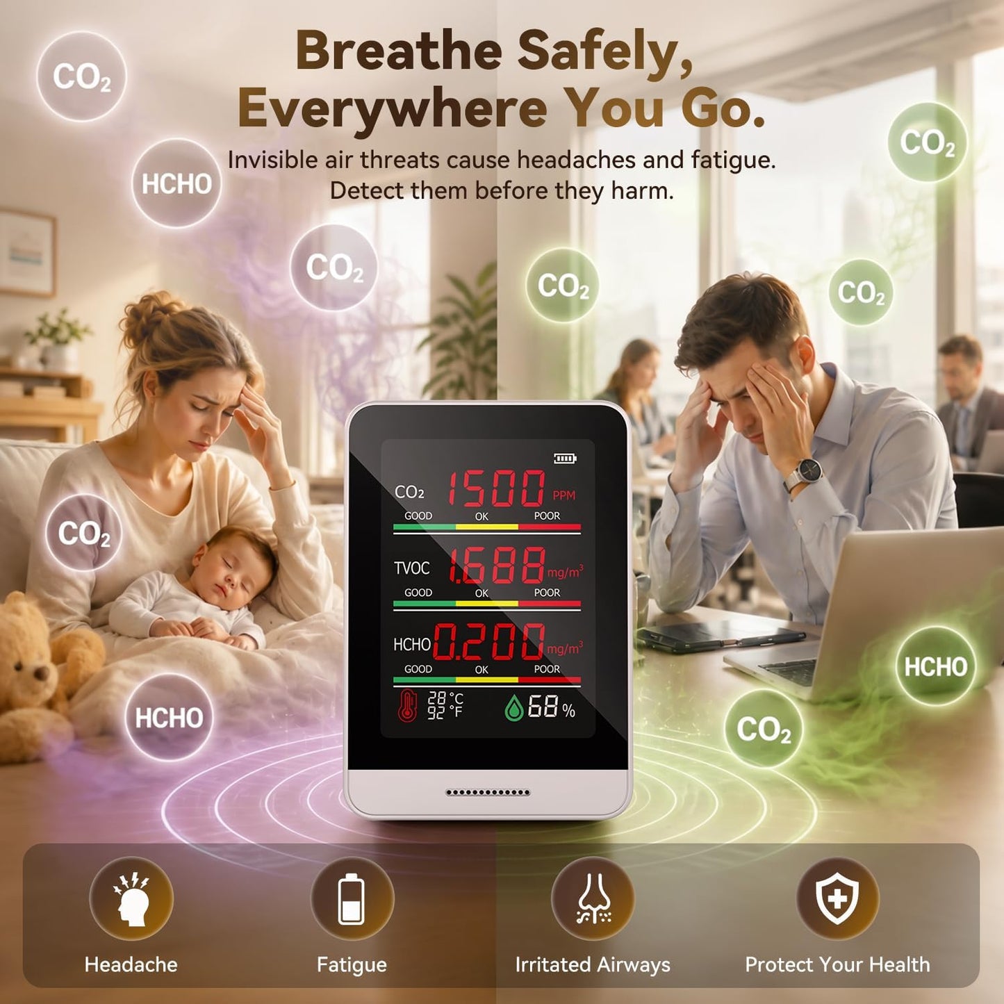 8-in-1 Indoor Air Quality Monitor – CO2 TVOC HCHO AQI Temperature Humidity Time & Air Status Display with Pocket Size Smart Monitor for Home, Car, Office, Hotel