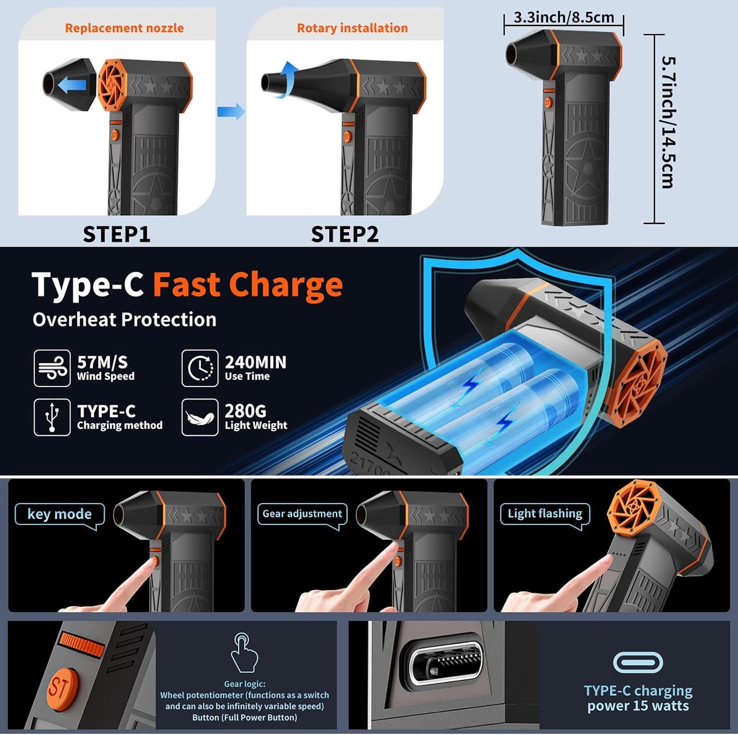 170000RPM Electric Air Duster Rechargeable Cordless Cleaner for Gaming Setup Keyboard PC Console Repair Tool with Multi Nozzles Compressed Air Alternative