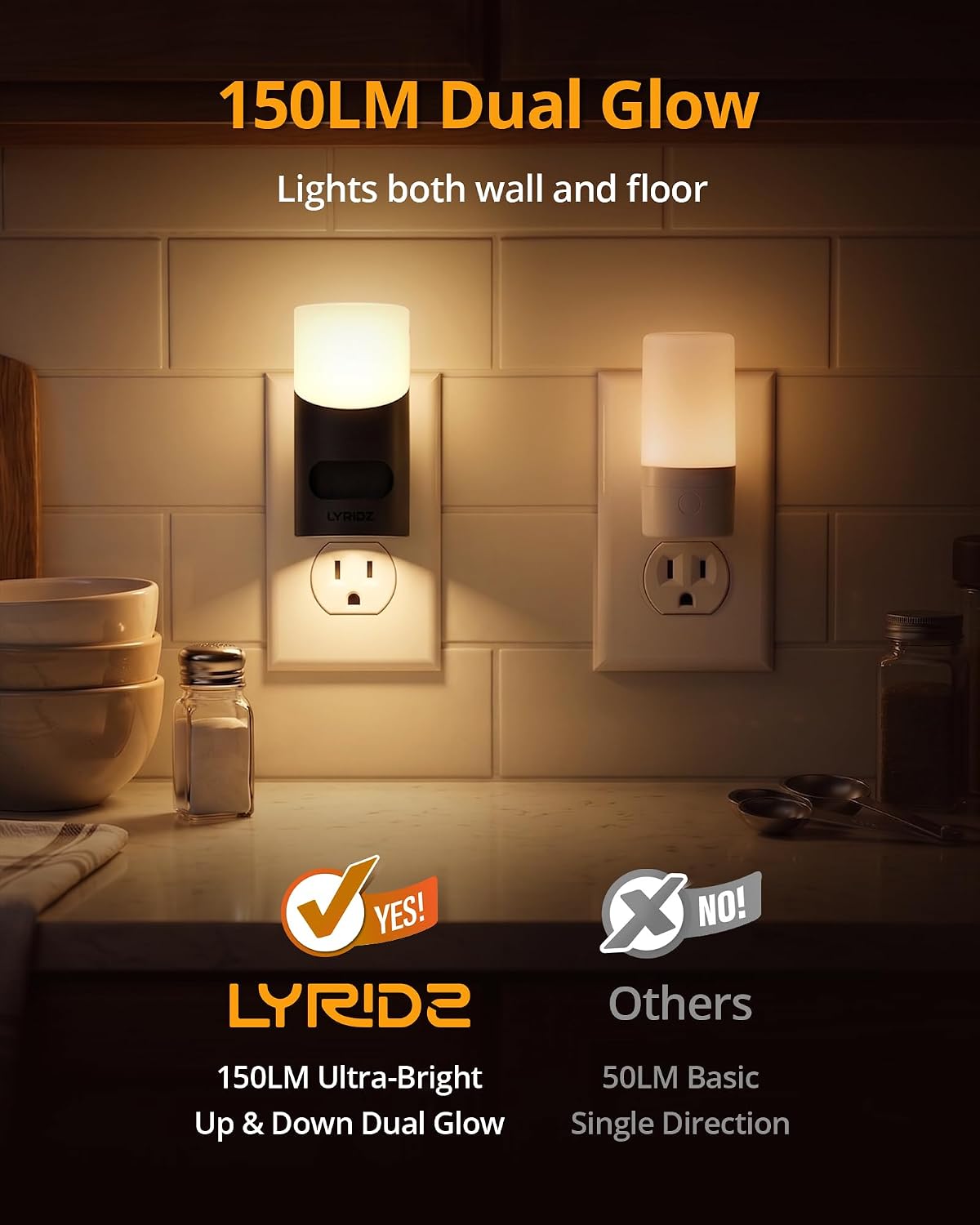Lyridz LED Night Lights Plug into Wall with Motion Sensor, 1-150LM Dimmable Plug-in Nightlight Indoor for Bedroom, Bathroom, Hallway, Stairs, Pet House, Toilet, 2 Pack