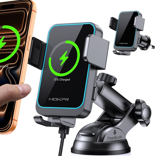 Wireless Car Charger Auto Clamping LED Car Charger Dash Windshield Air Vent | Phone Holder Compatible with iPhone 17 16 15 14/13/13 Pro/12 pro/12/11/X/8, Samsung S24/S23/S22 Series