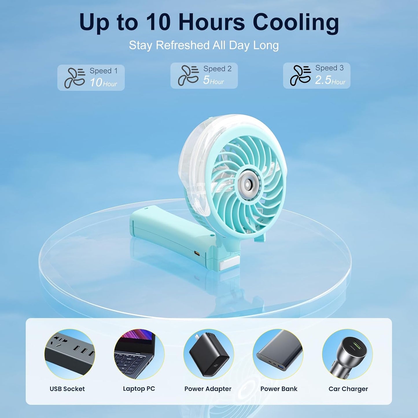HandFan Upgraded Portable Handheld Misting Fan, Rechargeable Personal Mister Fan, Spray Water Mist Fans, Foldable Electric Mini Cooling Fans for Beach Travel Disney Makeup(Light Blue)