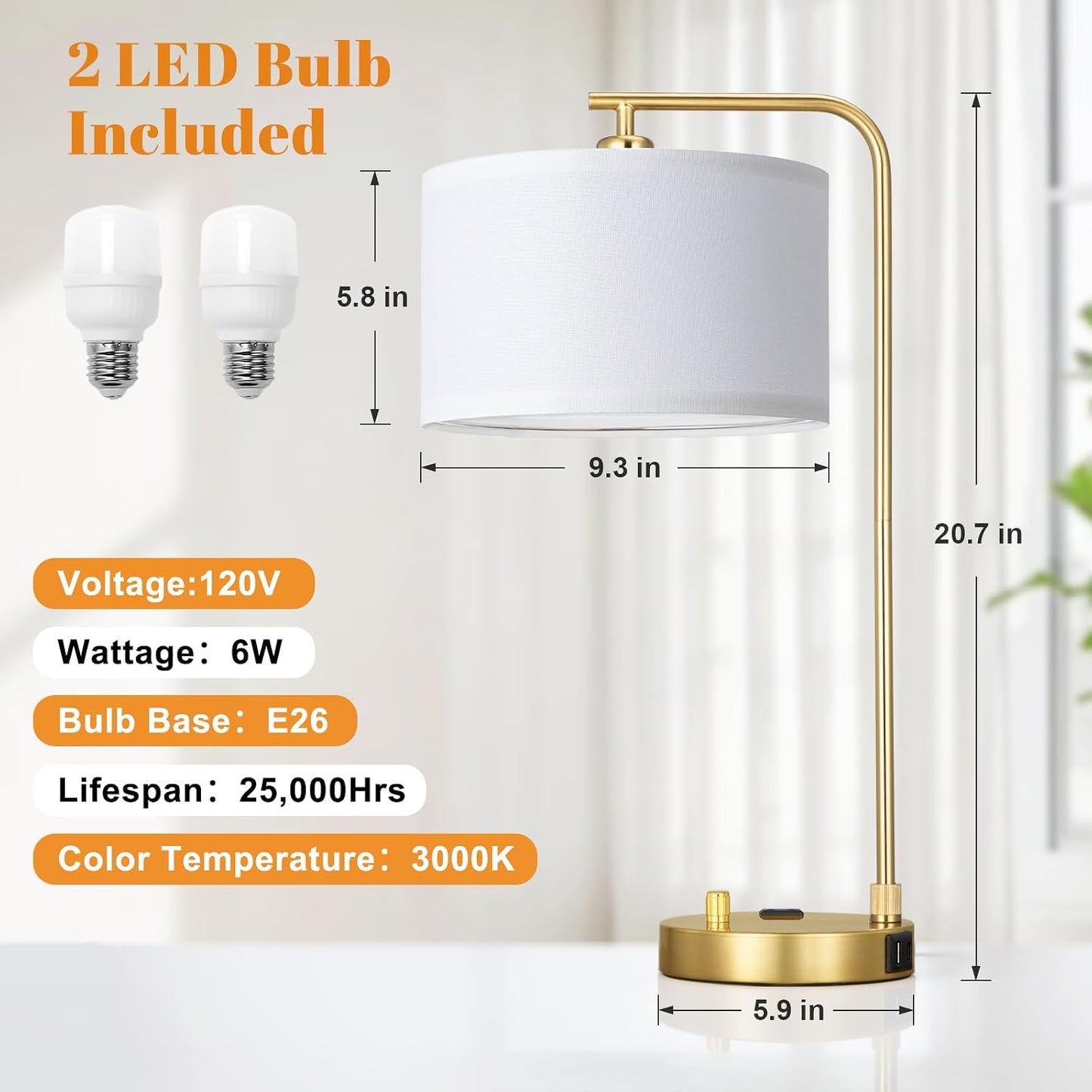 Gold Bedside Lamps Set of 2, Fully Dimmable Lamps for Night Stands, USB A+C | Modern, Linen Lampshade, USB Port and Outlet, Tall Desk Lamps for Bedroom, Nightstand, Living Room, Home Office, End Table