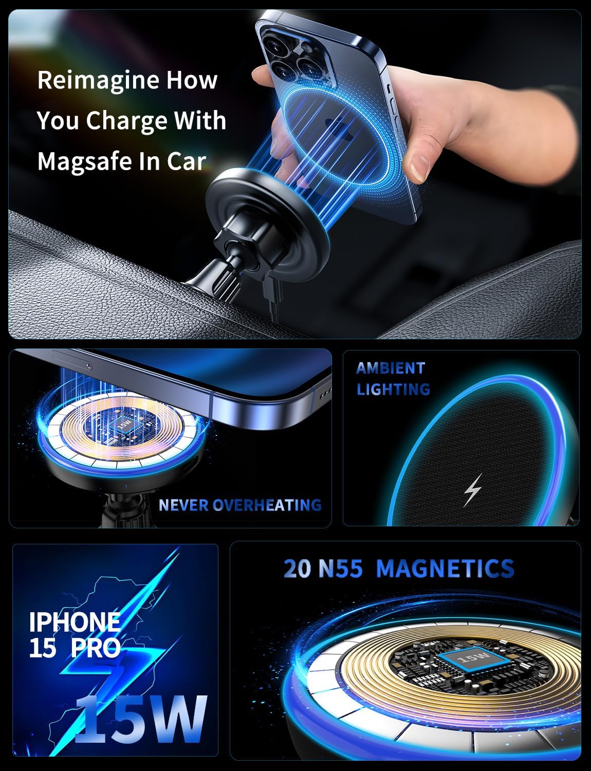 MagSafe Car Mount Charger, 3 in 1 [LED RGB HandsFree] Wireless Car Charger, Magnetic Phone Holders for Your Car- Fast Charging Car MagSafe Charger for iPhone 17/16/15/14/13/12 Series, for Men Women