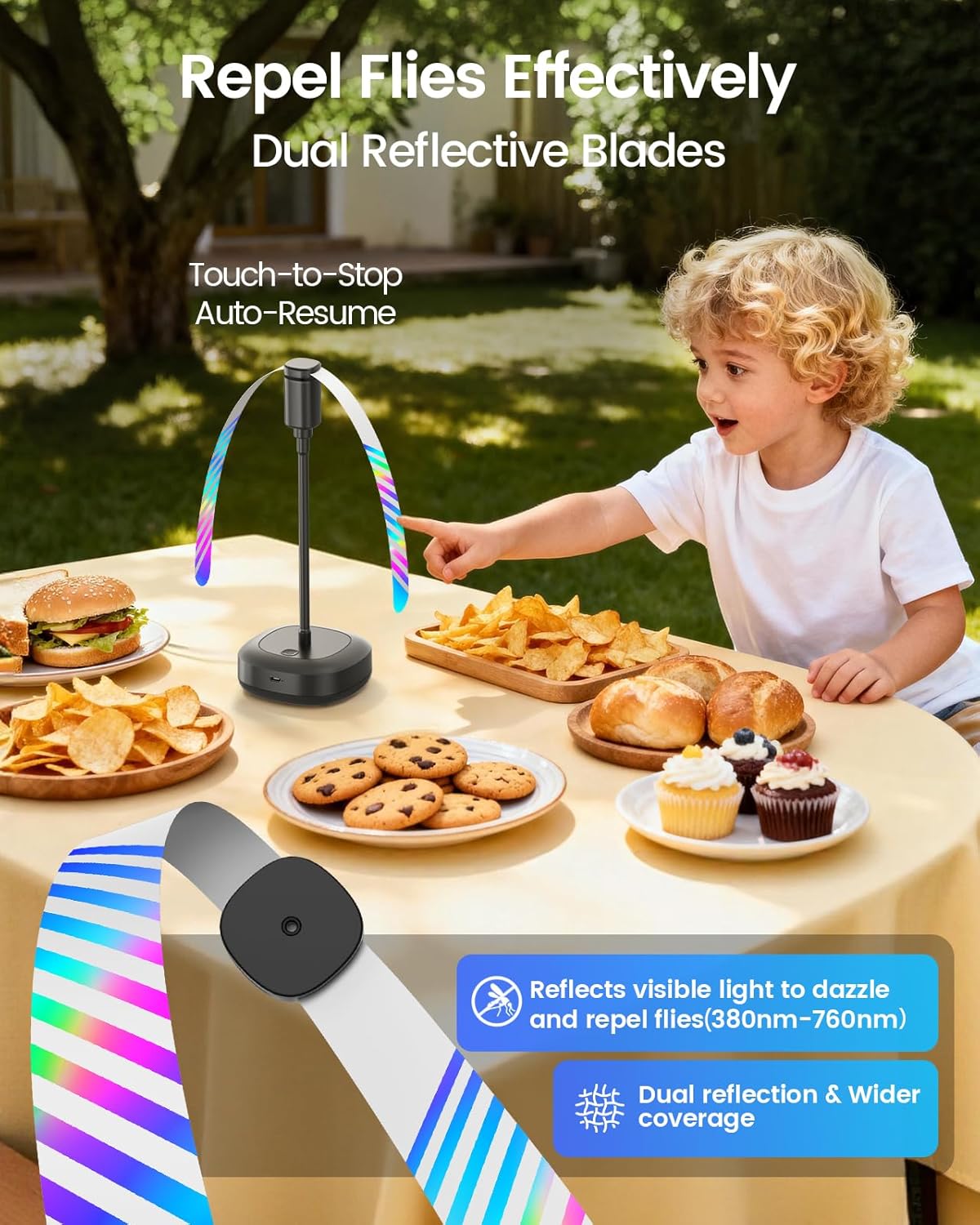 Edvision Fly Fans for Tables, 2000mAh Rechargeable Food Fan, 20H Runtime | Flexible Neck for 360° Coverage, Quiet Table Fan with Soft Safety Blades, Ideal for Party, Picnic, BBQ, Indoor & Outdoor Use