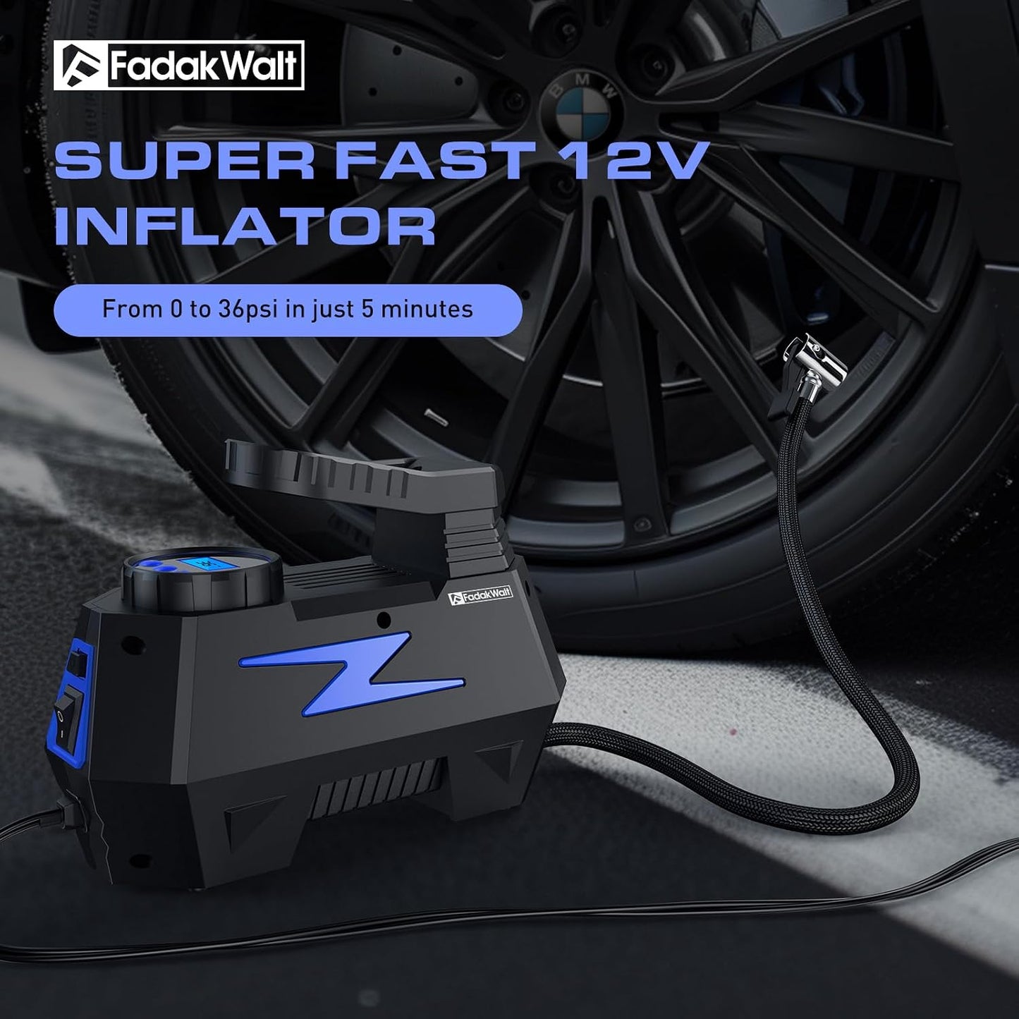 Tire Inflator Portable Air Compressor, 12V DC Car Air Pump with Auto Shutoff, 150 PSI Digital Gauge, LED Light, Metal Valve Connector, Accessories for Cars, Blue