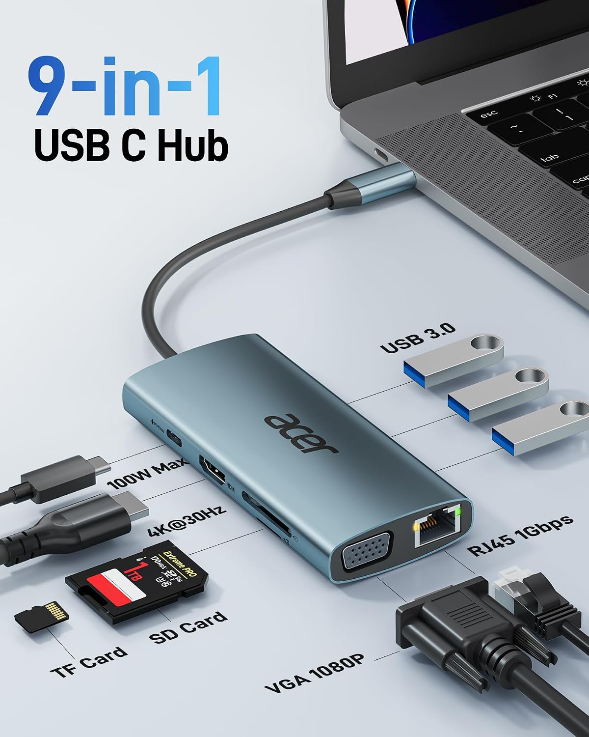 Acer USB C Hub with 4K HDMI, 9-in-1 Laptop Docking Station with 1080P VGA