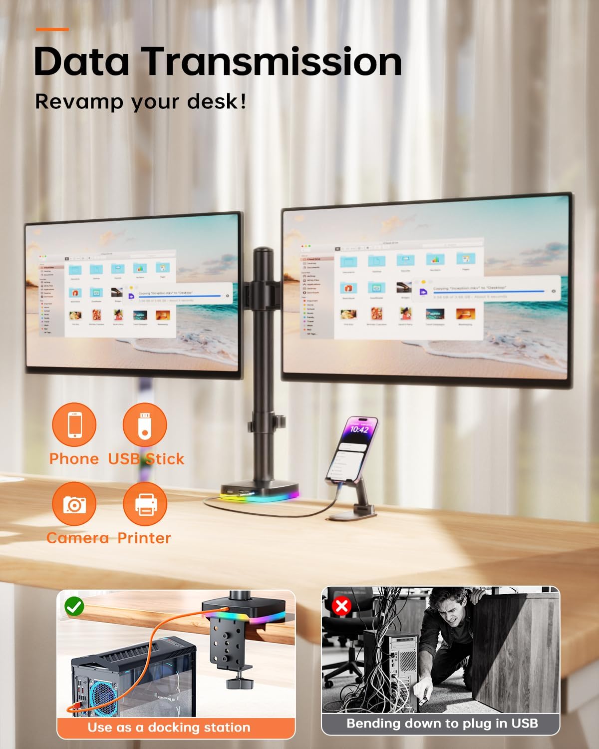 Afaloona RGB Dual Monitor Arm with USB Hub, Desk Mount for 13-27" Monitors