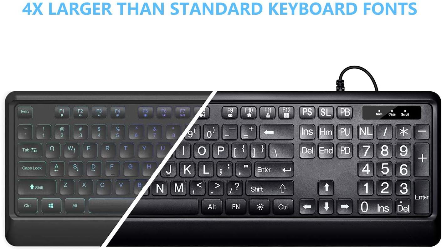KOPJIPPOM Large Print Backlit Keyboard, USB Wired Computer Keyboard, Full Size Keyboard with White Illuminated LED Compatible for Windows Desktop, Laptop, PC, Gaming, Black
