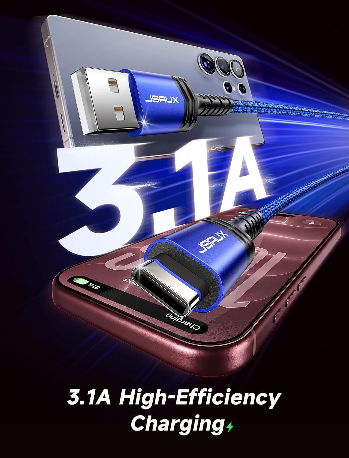 JSAUX USB C Cable Fast Charging, USB to USB C Cable 3-Pack (10+6.6+3.3FT)