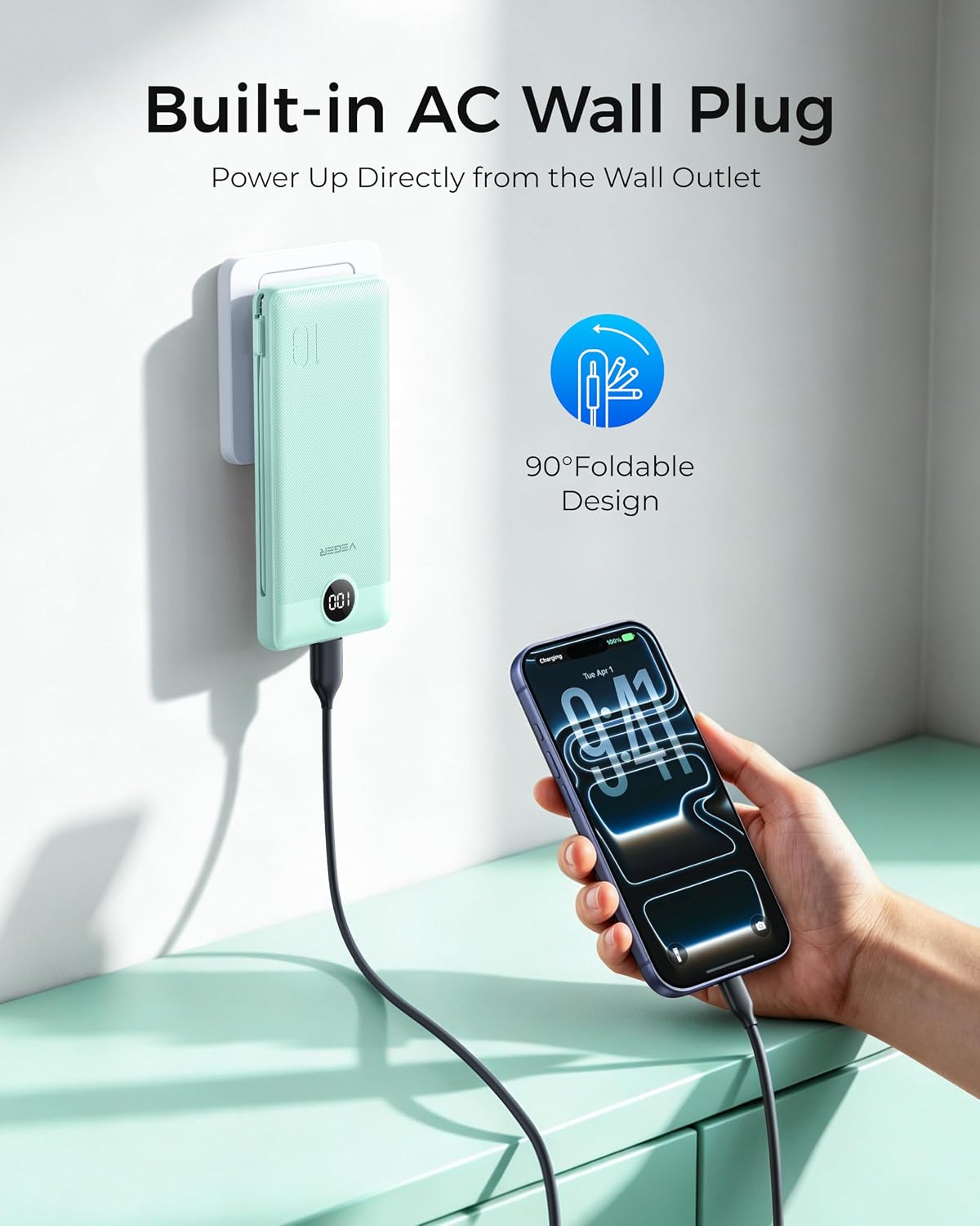 VEGER Power Bank, Travel Portable Charger Built in Wall Plug and Cable | 10000mAh,Ultra Slim&Compact,5 Outputs,LED Display,Flight-Safe,Travel Essentials Battery Pack for iPhone 17,iPad, Samsung,etc