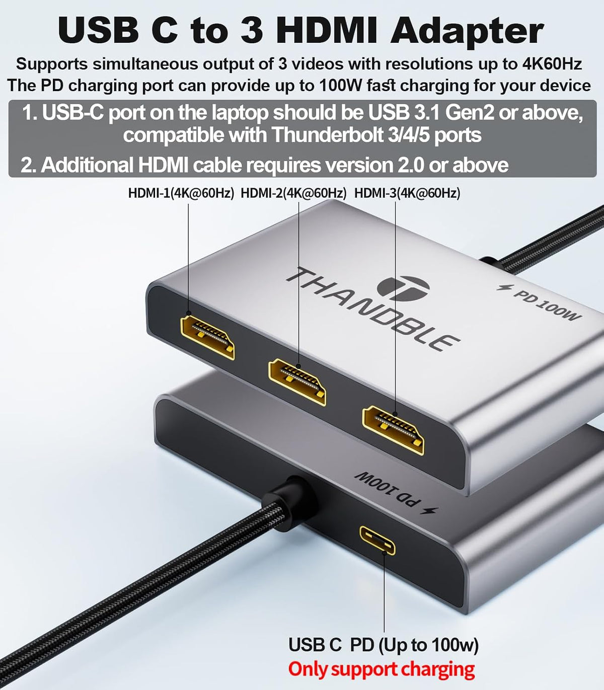 USB C to 3 HDMI Adapter with PD 100W, 4K60Hz HDMI Splitter Extended Display