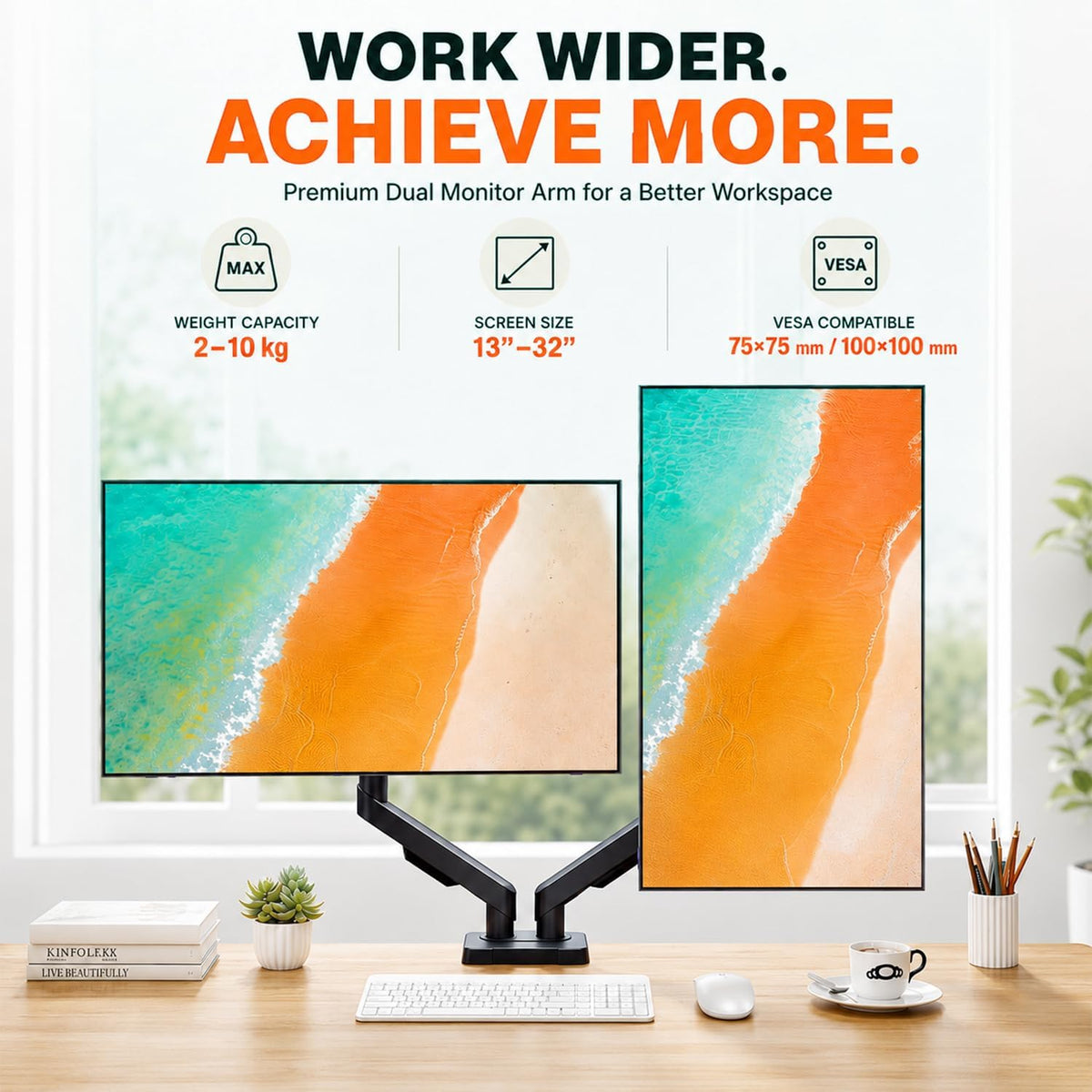 Dual Monitor Arm, Gas Spring VESA Mount Stand for 13‑32 Inch Computer Screens, Full Motion Fully Adjustable with C‑Clamp & Grommet Mounting Base, Each Arm Holds 4.4‑19.8 lbs