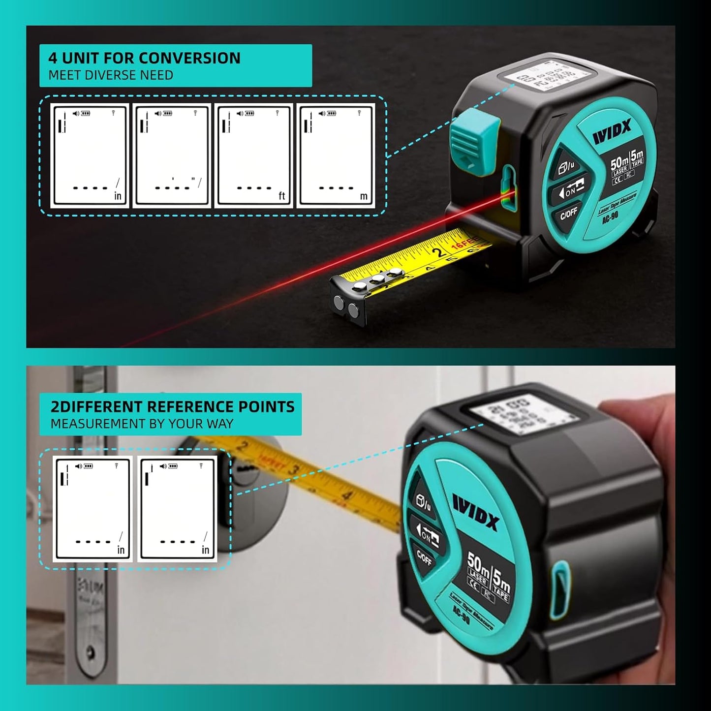WIDX 2 in 1 Laser Tape Measure,164ft Laser Measurement & 16ft Tape Measure | Laser Distance Meters with Magnetic Hook, LCD Display, in/Ft/M/Ft+n, Linear/Area/Volume/ Pythagorean for Different Scenarios