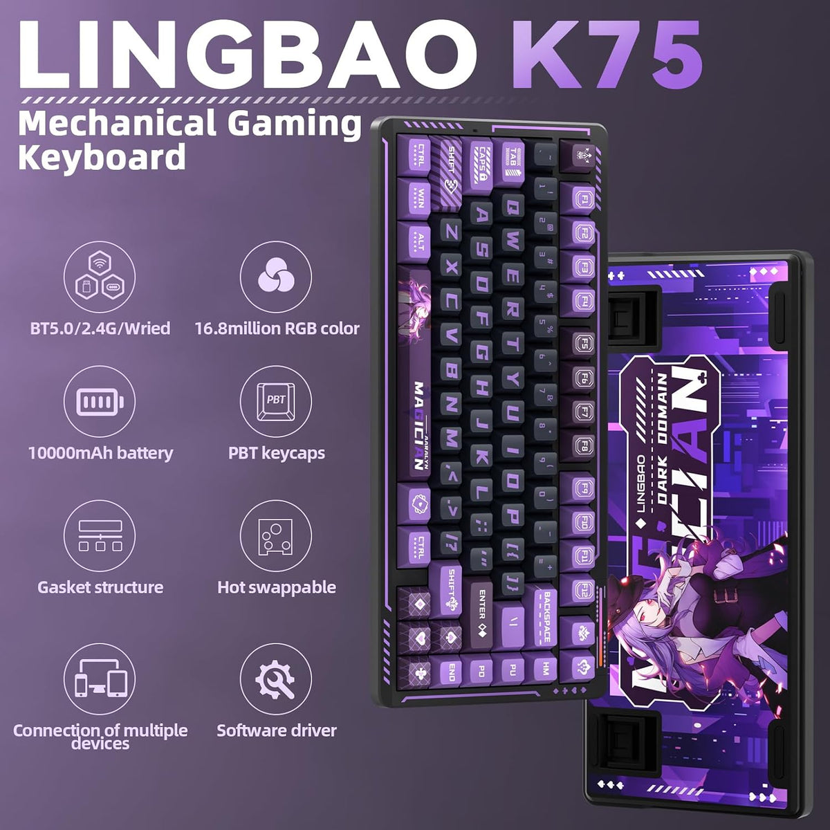 LINGBAO K75 Wireless Mechanical Gaming Keyboard 75%, 10000mAh Battery