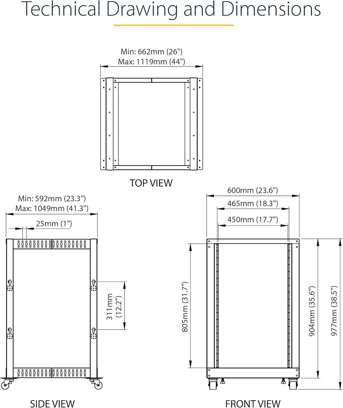 StarTech 18U 4-Post Server Rack, 19in Open Frame Rack with 40in (101cm) Mounting Depth and 1200lb (544kg) Weight Capacity, Mobile or Floor Mount IT Rack