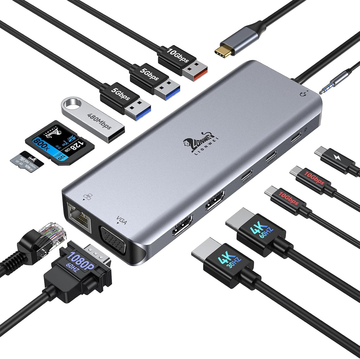 LIONWEI USB C Docking Station Dual Monitor, Laptop Docking Station 3 Monitors Quadruple Display with Dual 4K HDMI, DP, VGA, 100W PD, 3 USB C/A 2.0, Laptop Dock for Dell, Lenovo, HP, Surface