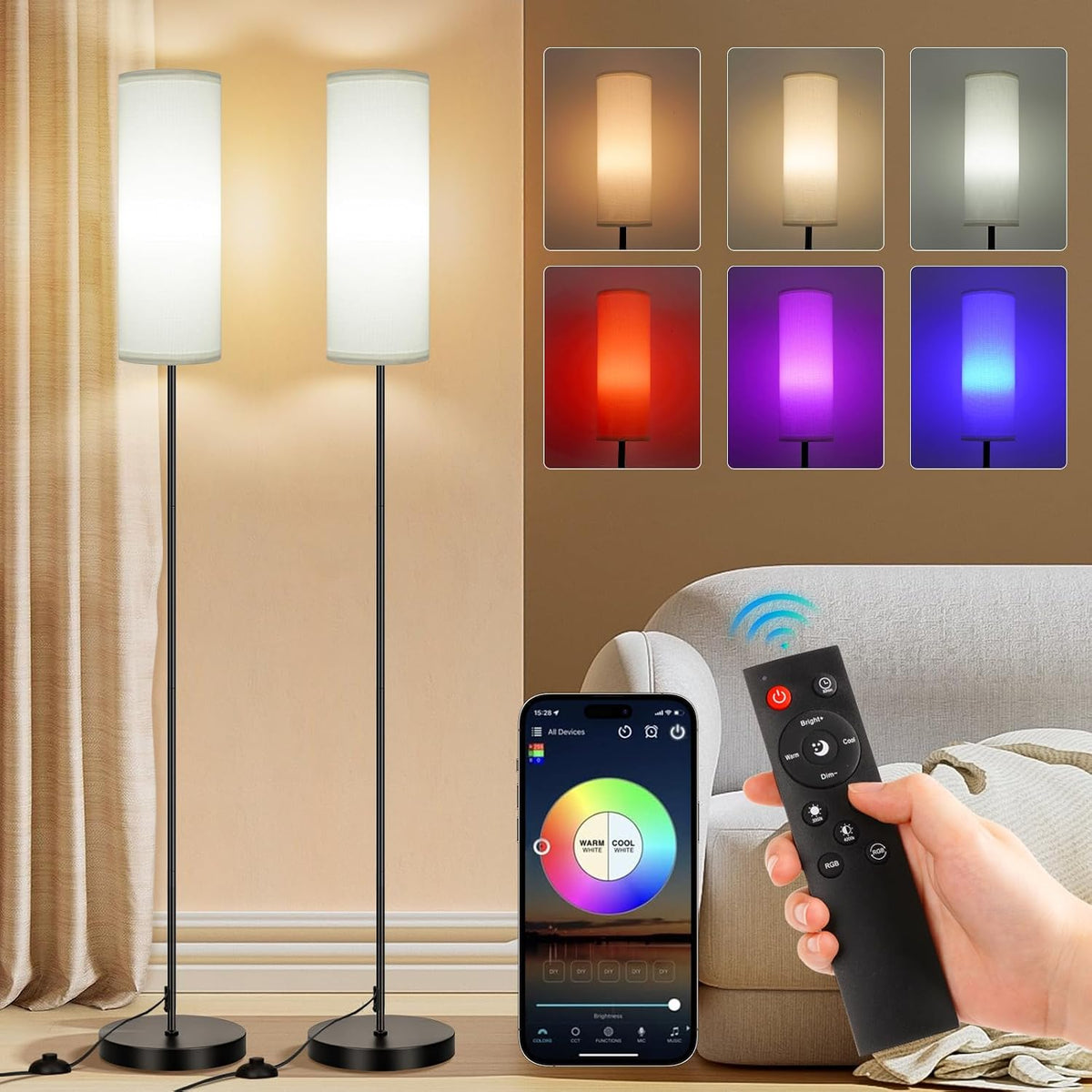 FRIDEKO HOME 2 Pack Floor Lamps for Living Room, 9W 800LM Bulbs White Shade