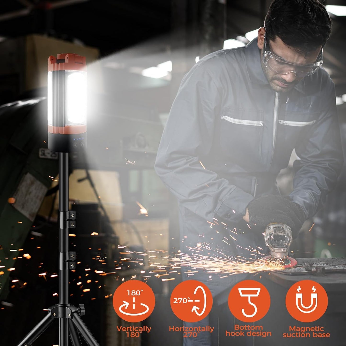 Rechargeable 12000mAh Camping Light with Adjustable Stand | Cordless Work Light with 3 LED Lamp Heads, 2200 Lumens Dimmable Magnetic Emergency Flashlight with Detachable Tripod, Orange