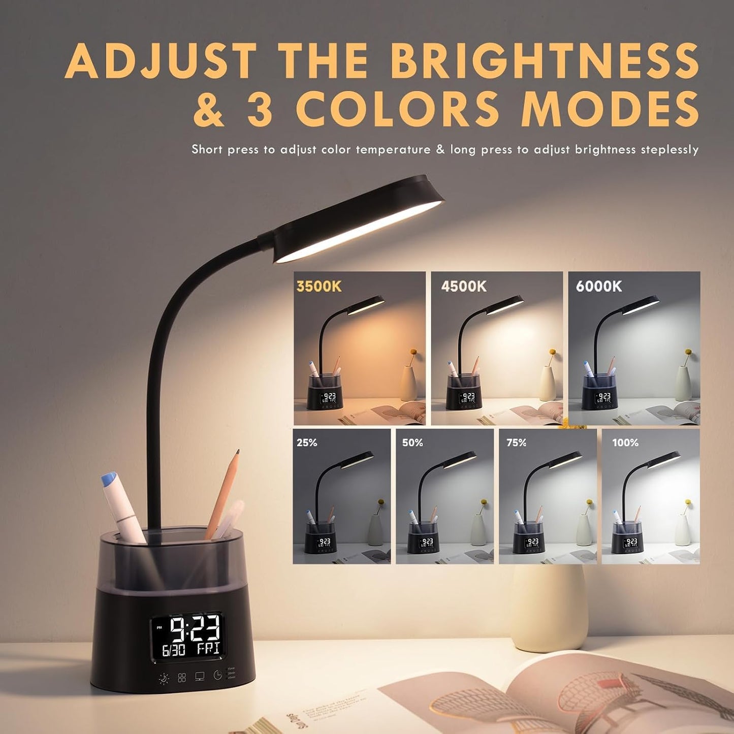 Led Desk Lamp with Pen Holder, Touch Lamps for Nightstand Eye-Caring Bedside Reading Light with Clock, Office Lamps Stepless Dimming, Lamp for Dorm Room, Suitable for Kid/Girl/Boy (Black)