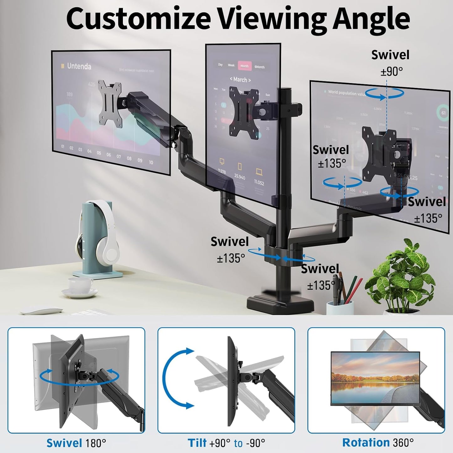Triple Monitor Desk Mount for Computer Screens up to 32" | Holds up to 19.8 lbs Each, 3 Monitor Arm, Heavy Duty Stand Vesa Mount 75x75, 100x100